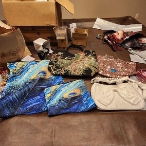 Peacock Feather Scarf and Sequin Clutch Set